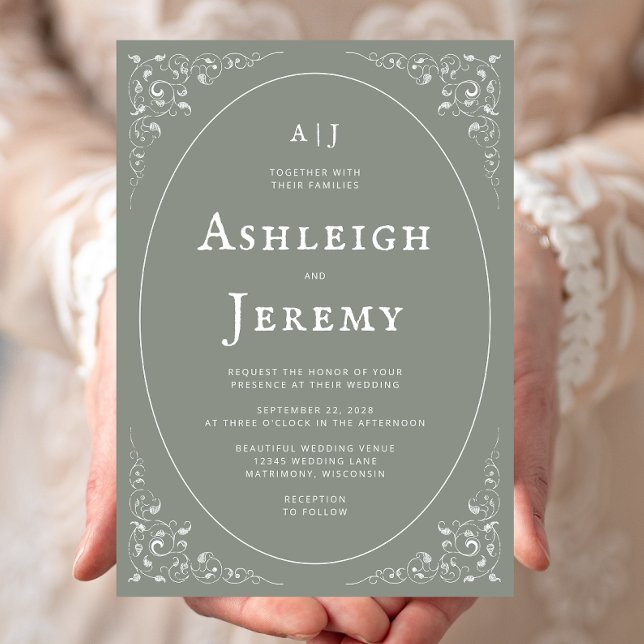 Convites Vintage Foliage Sage Green Wedding (Criador carregado)