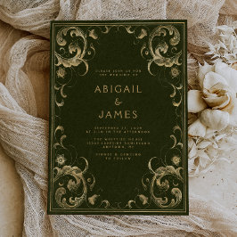 Convites Vintage Frame Olive Dourado Casamento Verde