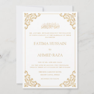Convites Vintage Frame White Dourado Script Casamento Muçul