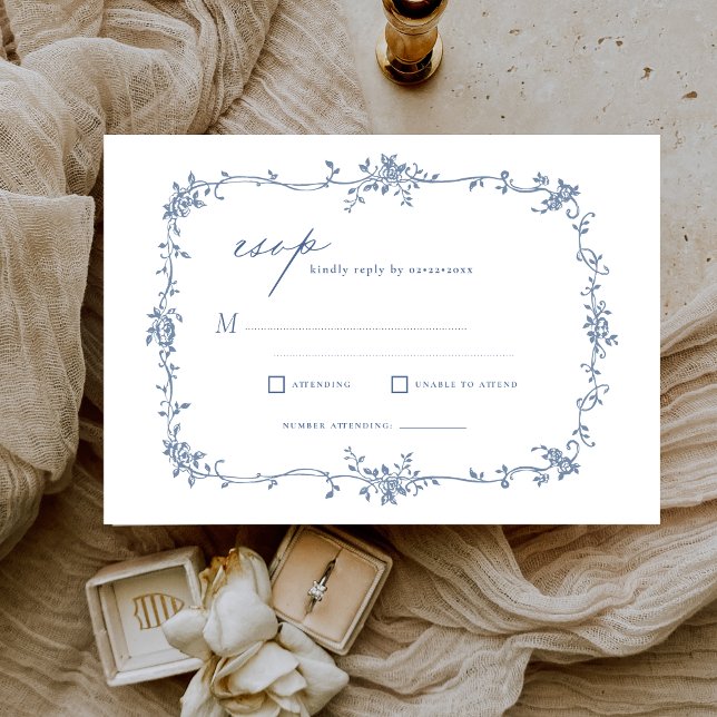 Convites Vintage francês RSVP Dusty Casamento Azul (Criador carregado)