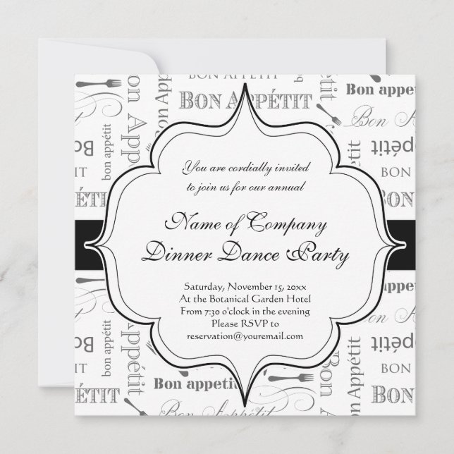 Convites Vintage French Bon Appetit Black and White (Frente)
