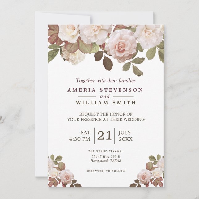 Convites Vintage French Rosas Weding Invitation (Frente)