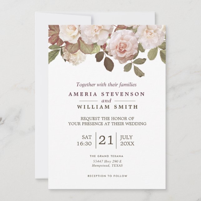 Convites Vintage French Rosas Weding Invitation (Frente)