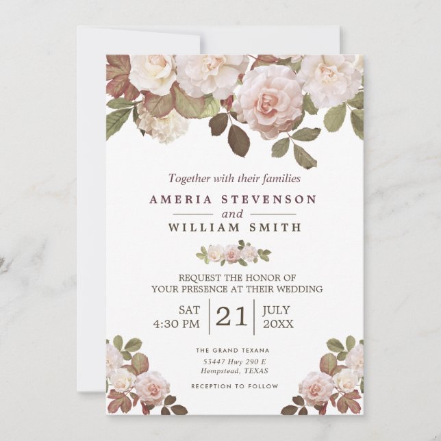 Convites Vintage French Rosas Weding Invitation (Frente)
