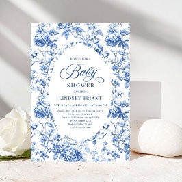 Convites Vintage French Toile Blue Rose Baby Shower Invite