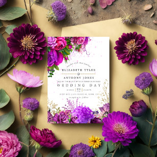 Convites Vintage Fuchsia e Purple Shabby Casamento Floral
