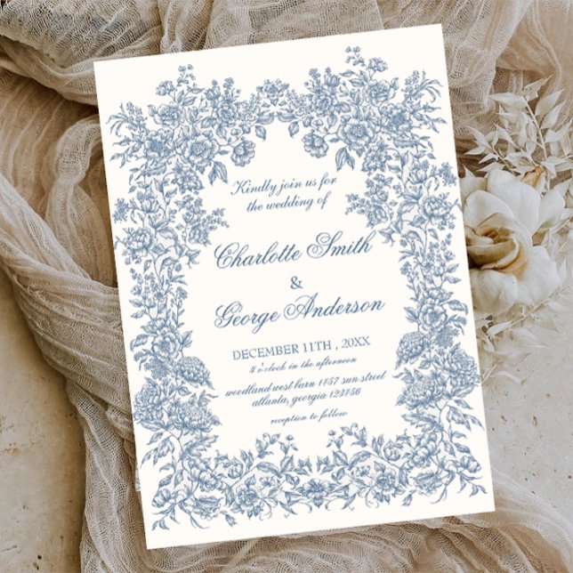 Convites Vintage Garden bleu Floral  Wedding (Criador carregado)