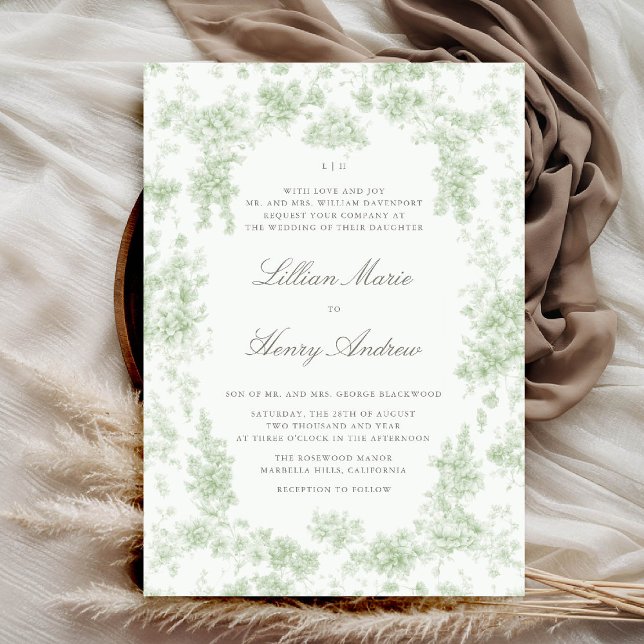 Convites Vintage Garden Toile Sage Casamento Clássico Verde (vintage garden wedding invitation chateau sage green toile floral romantic old money formal classic)