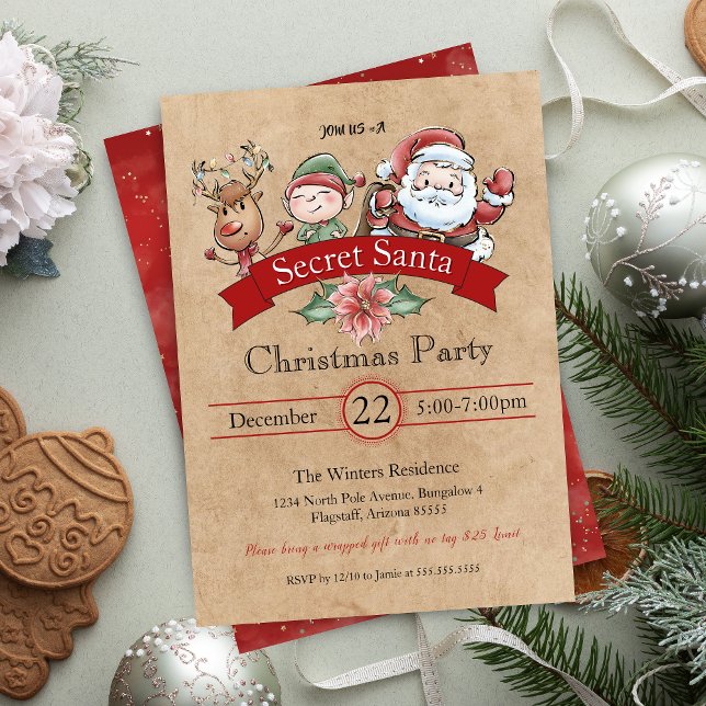 Convites Vintage Gift Exchange Papais noeis Secretos Natal (Vintage secret santa gift exchange party invitation for holiday office party or white elephant gifts)