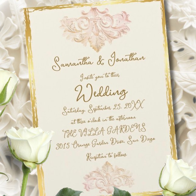 Convites Vintage Gold Baroque Wedding Elegance (Elegant baroque wedding invitation framed in gold, featuring soft blush scrolls and timeless romance)