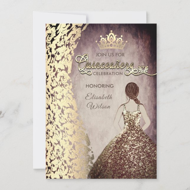 Convites Vintage Gold Damask tiara Quinceañera (Frente)