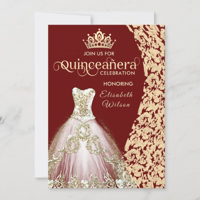 Convites Vintage Gold Damask tiara Quinceañera (Frente)