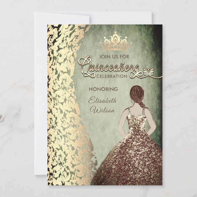Convites Vintage Gold Damask tiara Quinceañera (Frente)