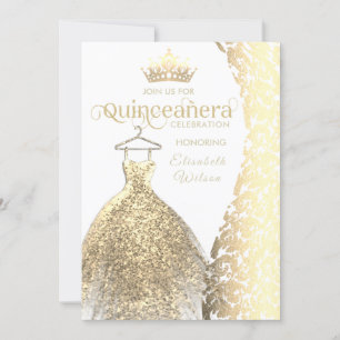 Convites Vintage Gold Damask tiara Quinceañera