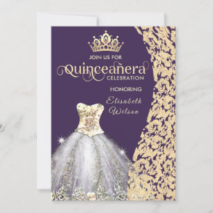Convites Vintage Gold Damask tiara Quinceañera Inv