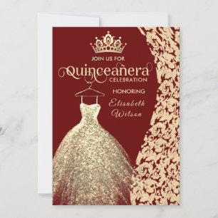 Convites Vintage gold dress damask tiara Quinceañera red