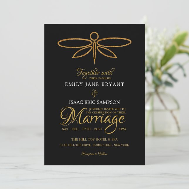 Convites Vintage Gold Foil Dragonfly Casamento (Em pé/Frente)