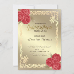 Convites Vintage gold frame rosa vermelha Quinceañera