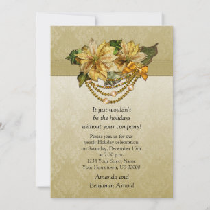 Convites Vintage Gold Poinsettias Holiday Invitation