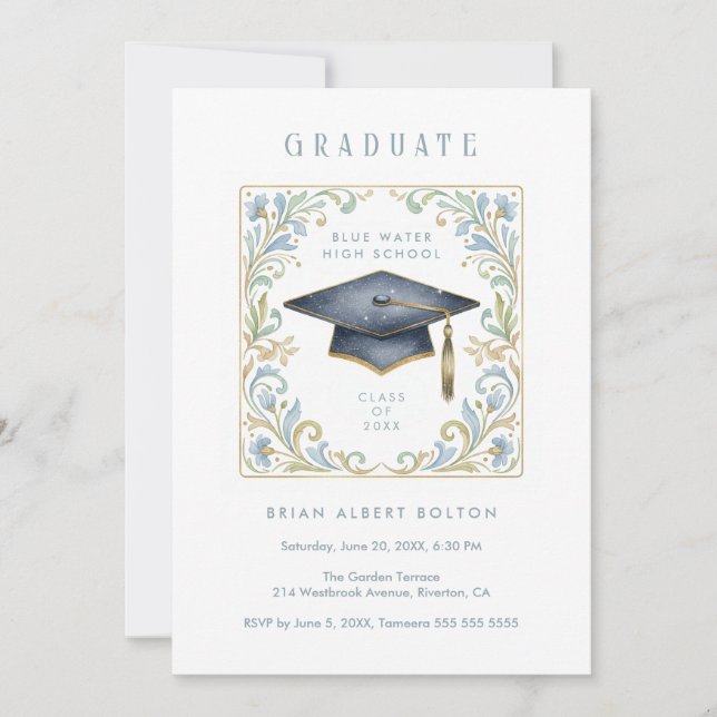 Convites Vintage Graduate Cap with Floral Frame (Frente)