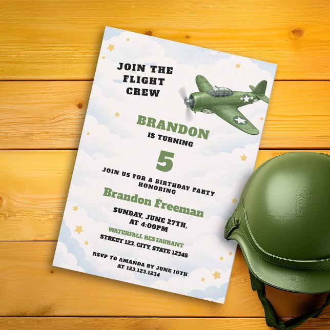 Convites Vintage Green Army Airplane Military 5th Birthday (Criador carregado)