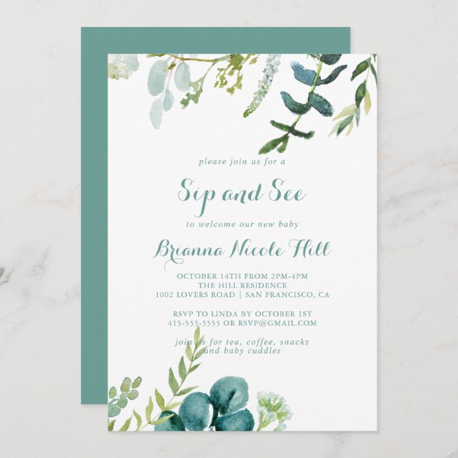 Convites Vintage Green Eucalyptus Calliographic Sip and See (Frente/Verso)