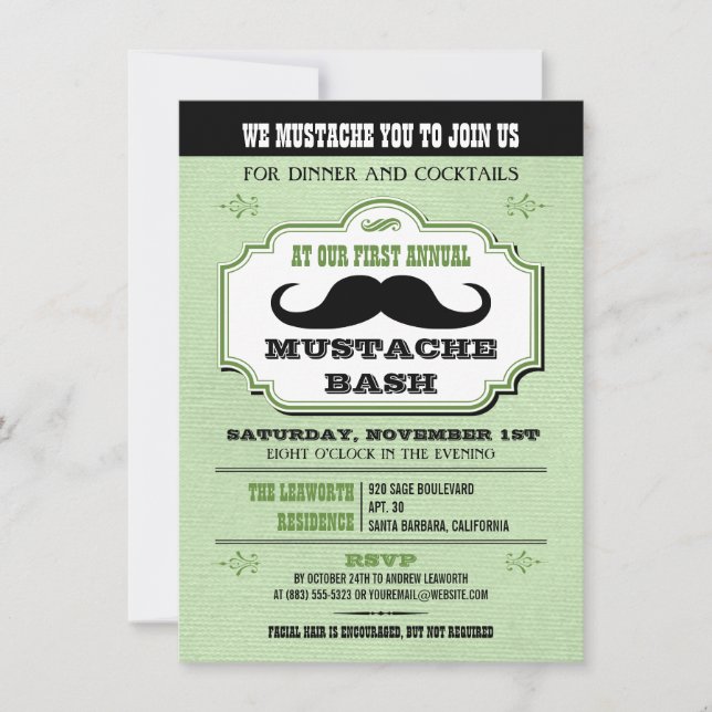 Convites Vintage Green Mustache Bash (Frente)