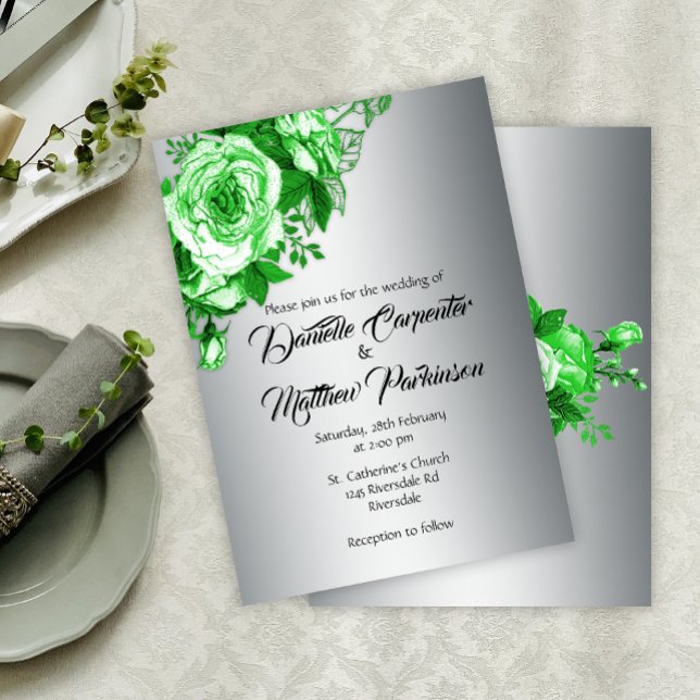 Convites Vintage Green Rosas Silver Wedding (Criador carregado)
