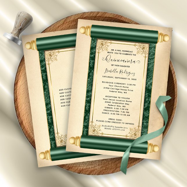 Convites Vintage Green Scroll Elegante Quinceañera (Vintage Green Gold Scroll Elegant Quinceañera Invitation)