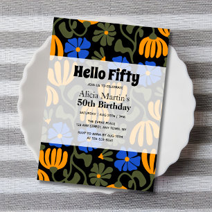 Convites Vintage Groovy Flower Hello 50 Black Birthday