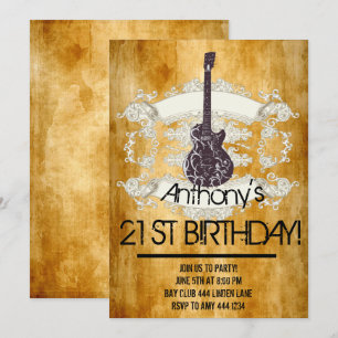 Convites Vintage Guitar Rock aniversário de 21 anos