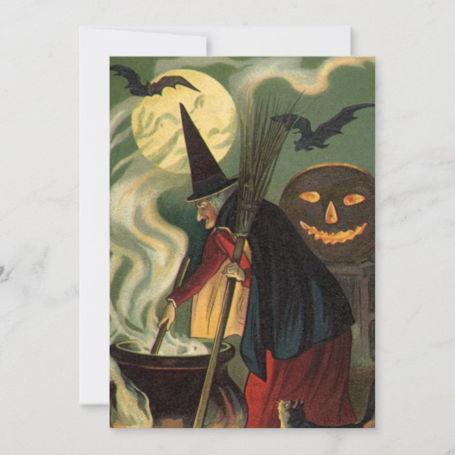Convites Vintage Halloween Bruxa Stirring Magic Cauldron (Frente)