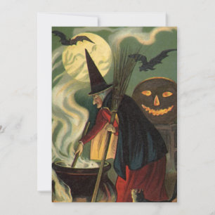 Convites Vintage Halloween Bruxa Stirring Magic Cauldron