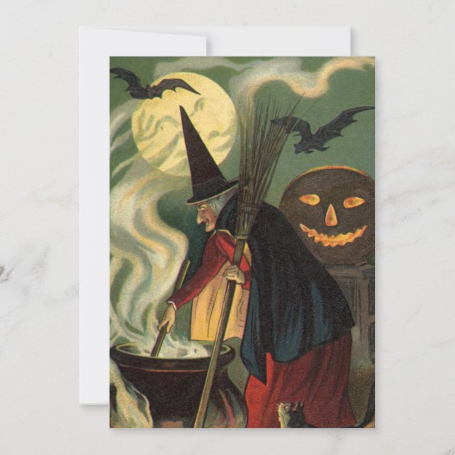 Convites Vintage Halloween Bruxa Stirring Magic Cauldron (Frente)