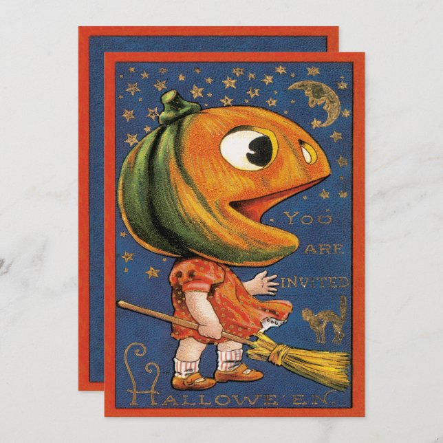 Convites Vintage Halloween, Giant Pumpkin Head Costume (Frente/Verso)