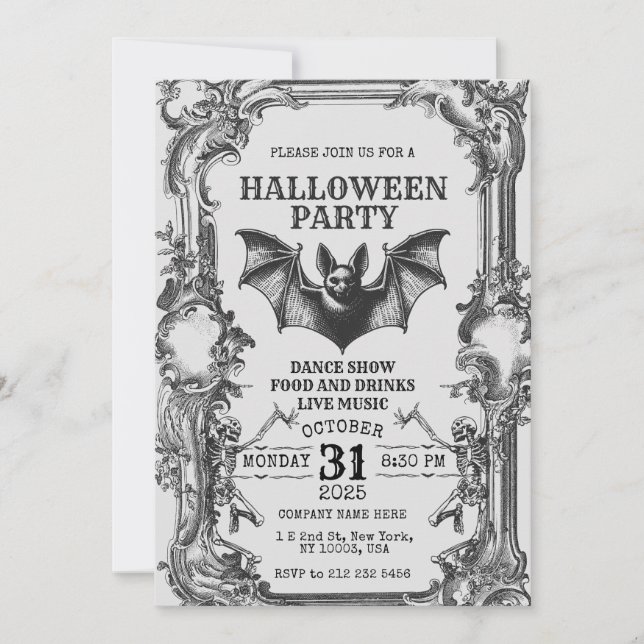 Convites Vintage Halloween Invitation with Skeletons & Bat (Frente)