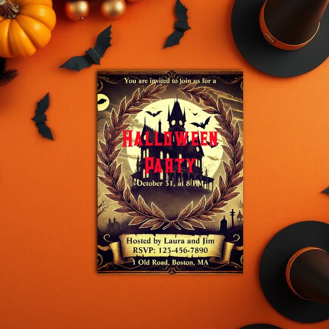 Convites Vintage Halloween Party, Casa Vintage Halloween vi (Victorian Haunted House Vintage Halloween Party Invitation)
