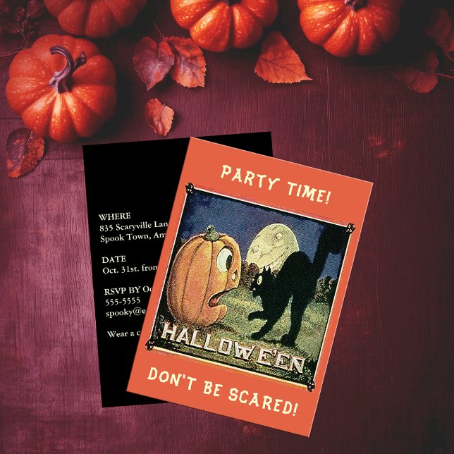 Convites Vintage Halloween Pumpkin Black Cat Party (Vintage Halloween Pumpkin Black Cat Party Time Invitation)