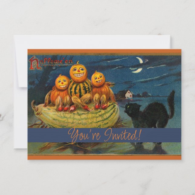 Convites Vintage Halloween Pumpkins Black Cat (Frente)