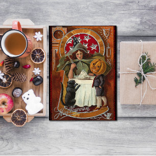 Convites Vintage Halloween Witch Casting Spell com Wand