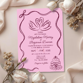 Convites Vintage Hand Drawn Burgundy Retro Swans Wedding