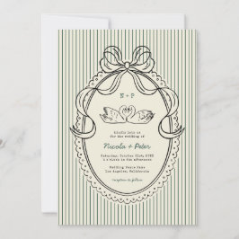 Convites Vintage Hand Drawn Swan Green Stripes Wedding