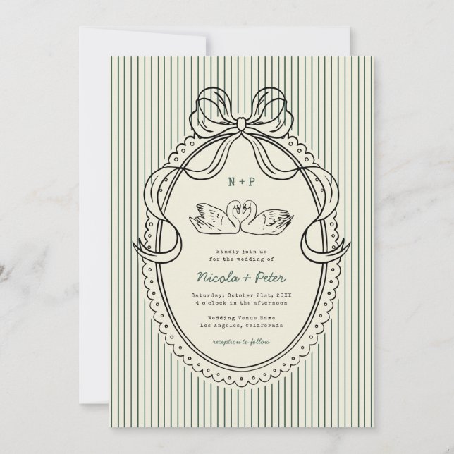 Convites Vintage Hand Drawn Swan Green Stripes Wedding (Frente)