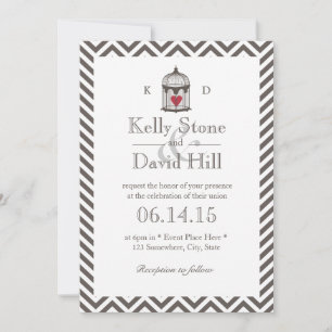 Convites Vintage Heart in Bird Cage Chevron Stripes Wedes