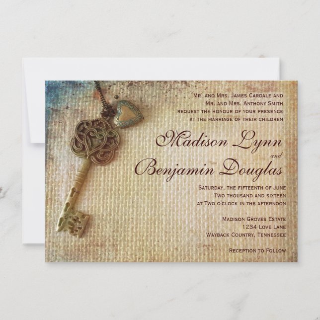 Convites Vintage Heart Key Rustic Burlap Invitation (Frente)