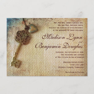 Convites Vintage Heart Key Rustic Burlap Invitation