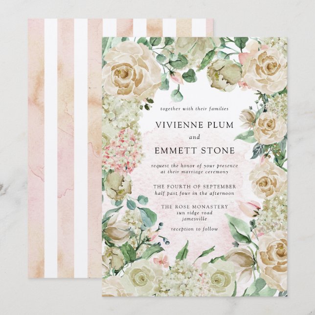 Convites Vintage Ivory Rosa Hydrangea Casamento Floral (Frente/Verso)