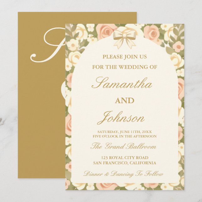Convites Vintage Ivory Script Wedding Invitation (Frente/Verso)