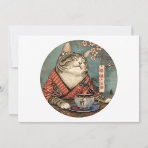 Convites Vintage japense art Happy cat com uma xícara de ch