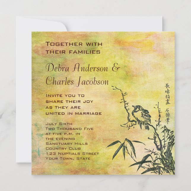 Convites Vintage Japonês Bird Wedding (Frente)